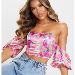PrettyLittleThing Pink Abstract Floral Satin Puff Sleeve Bardot Crop Top…